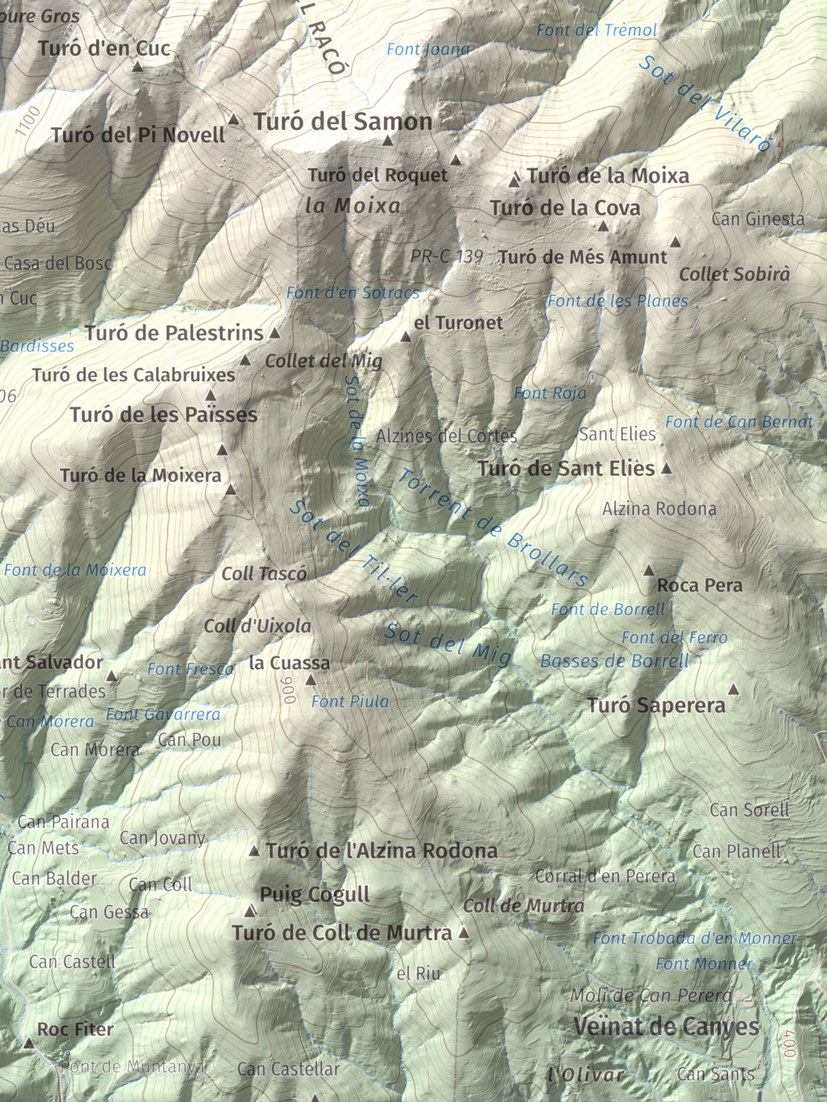 Mapa de relieve del Sui, 1319 m, Vallès Oriental, lámina 100 Cims de Trobart. Detalle de la zona inferior derecha. 30 × 40 cm.