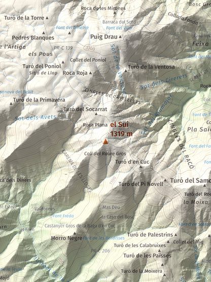 Mapa de relieve del Sui, 1319 m, Vallès Oriental, lámina 100 Cims de Trobart. Detalle de la zona central. 30 × 40 cm.