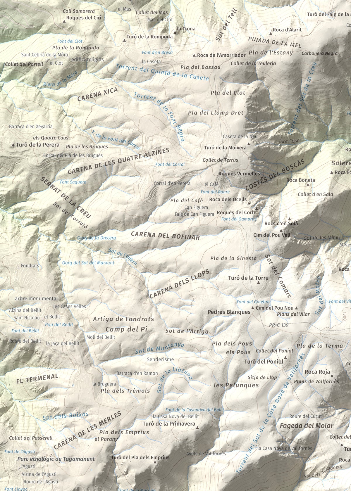 Mapa de relieve del Sui, 1319 m, Vallès Oriental, lámina 100 Cims de Trobart. Detalle de la zona superior izquierda. 50 × 70 cm.