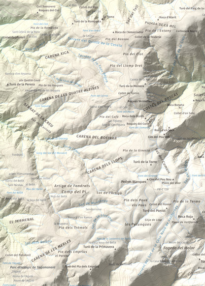 Mapa de relieve del Sui, 1319 m, Vallès Oriental, lámina 100 Cims de Trobart. Detalle de la zona superior izquierda. 50 × 70 cm.