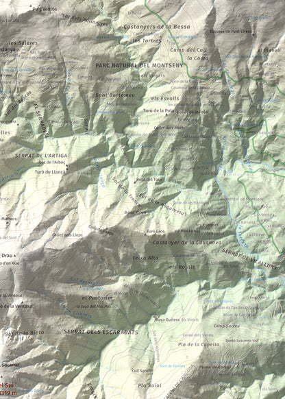 Mapa de relieve del Sui, 1319 m, Vallès Oriental, lámina 100 Cims de Trobart. Detalle de la zona superior derecha. 50 × 70 cm.