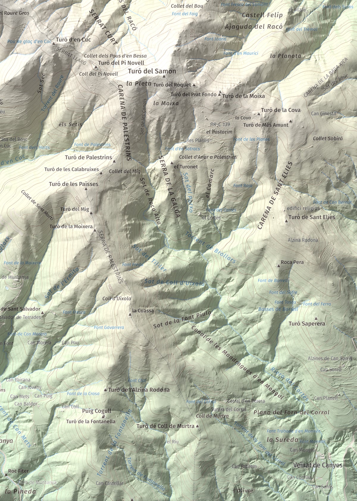 Mapa de relieve del Sui, 1319 m, Vallès Oriental, lámina 100 Cims de Trobart. Detalle de la zona inferior derecha. 50 × 70 cm.