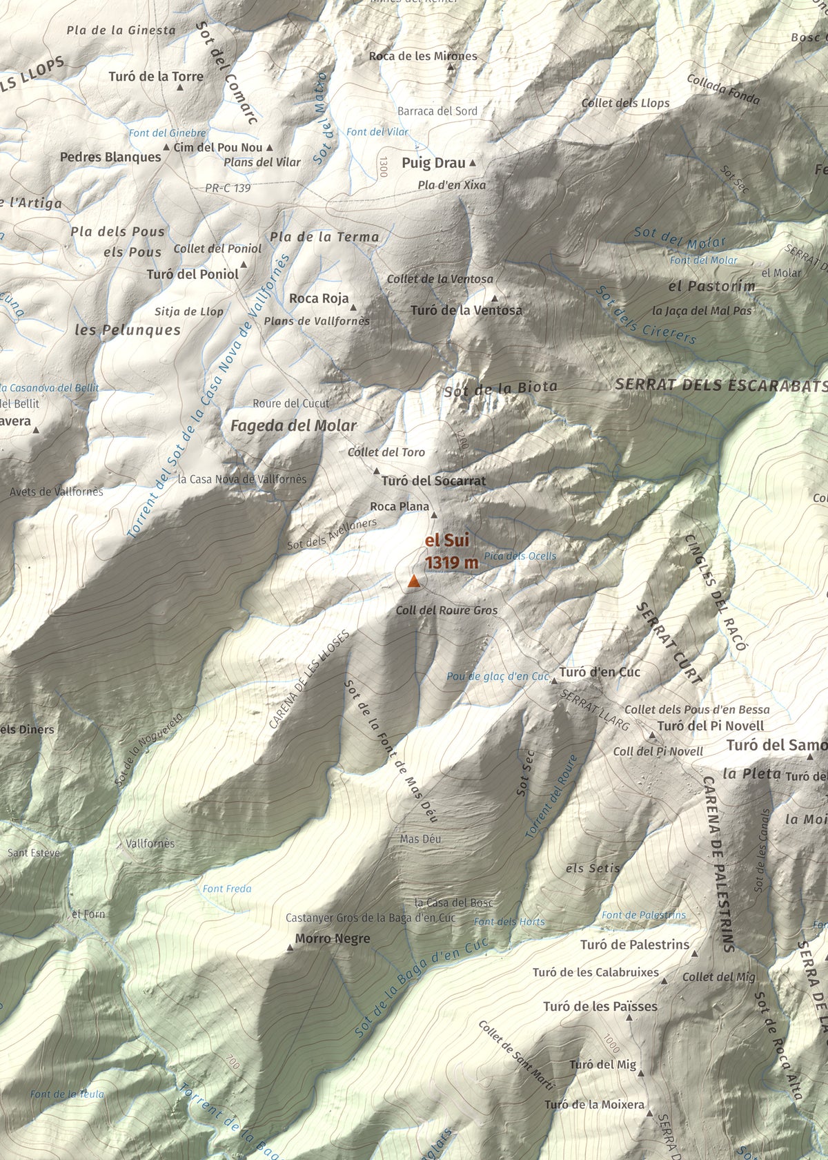 Mapa de relieve del Sui, 1319 m, Vallès Oriental, lámina 100 Cims de Trobart. Detalle de la zona central. 50 × 70 cm.