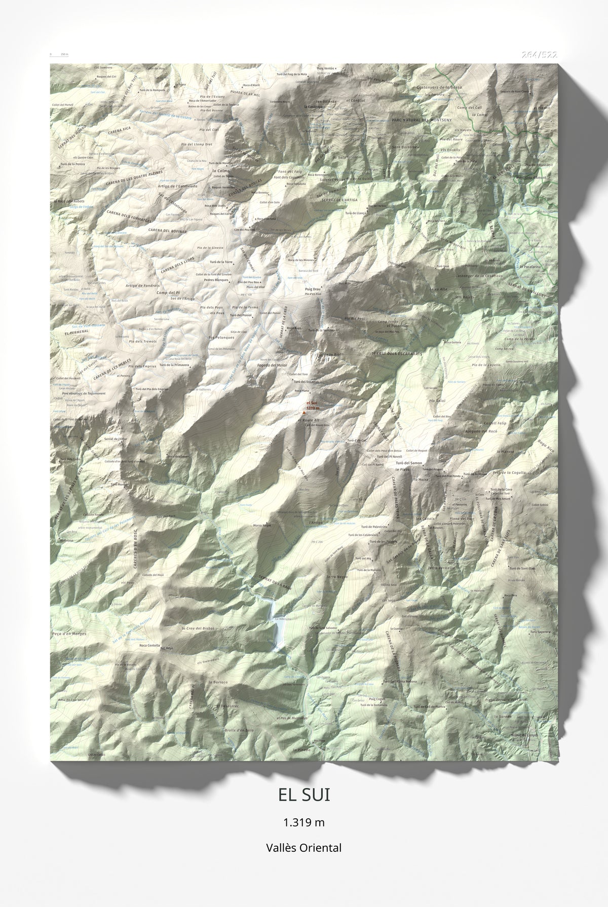 Mapa de relieve del Sui, 1319 m, Vallès Oriental, lámina 100 Cims de Trobart 61 × 91 cm.