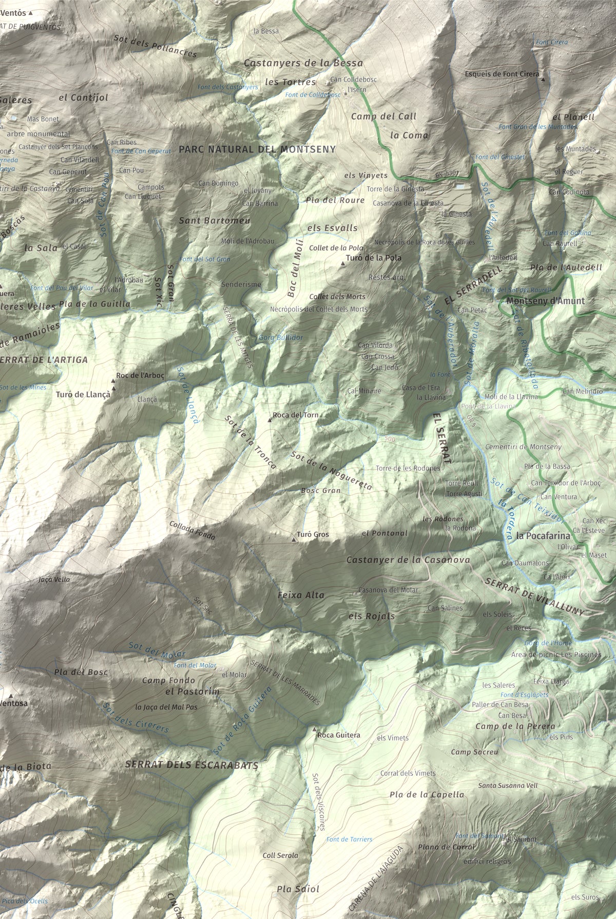 Mapa de relieve del Sui, 1319 m, Vallès Oriental, lámina 100 Cims de Trobart. Detalle de la zona superior derecha. 61 × 91 cm.