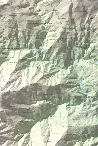 Mapa de relieve del Sui, 1319 m, Vallès Oriental, lámina 100 Cims de Trobart. Detalle de la zona superior derecha. 61 × 91 cm.
