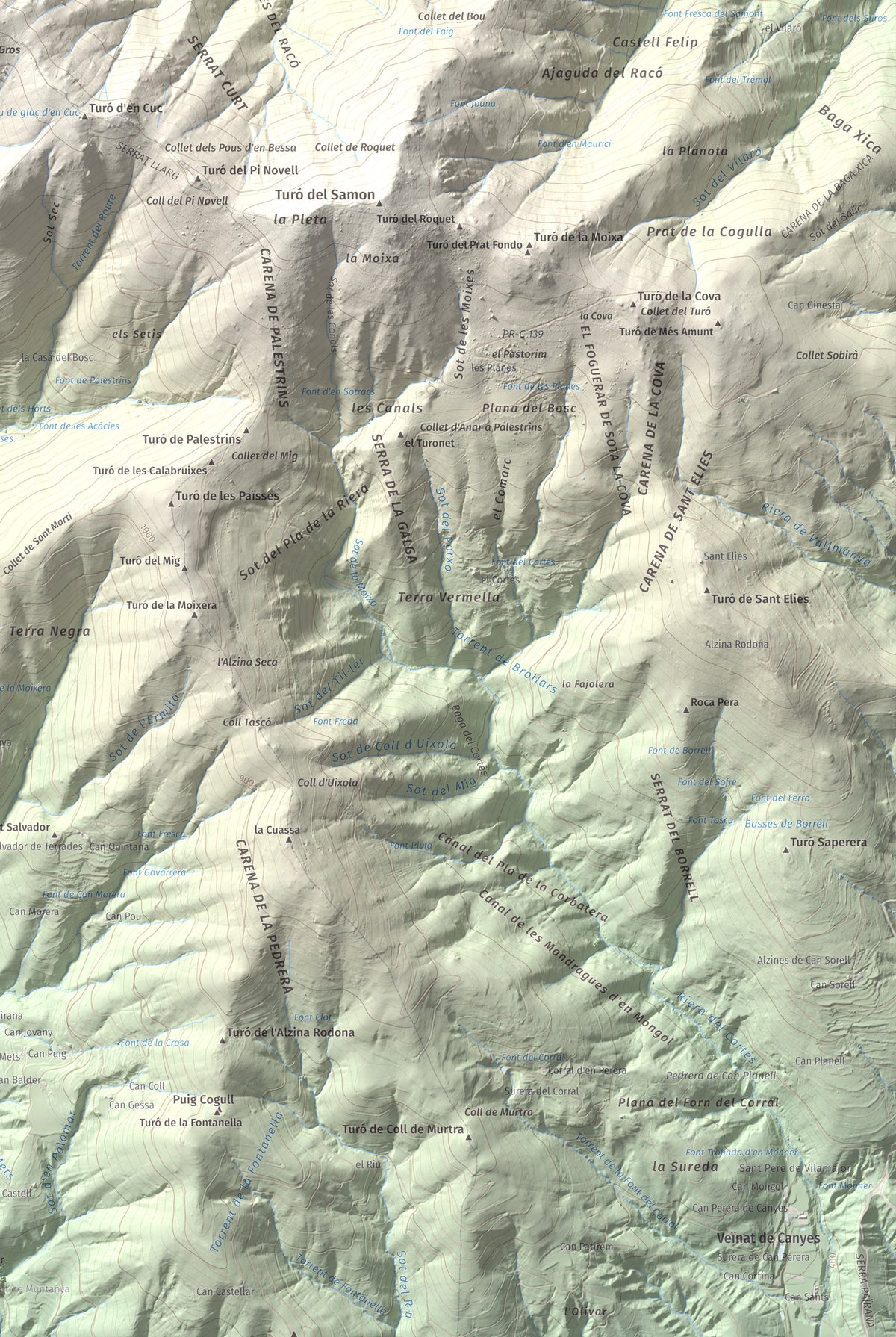 Mapa de relieve del Sui, 1319 m, Vallès Oriental, lámina 100 Cims de Trobart. Detalle de la zona inferior derecha. 61 × 91 cm.