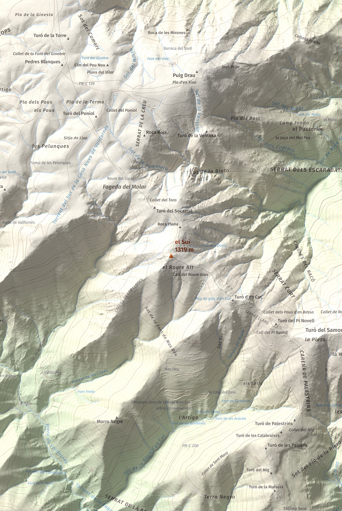 Mapa de relieve del Sui, 1319 m, Vallès Oriental, lámina 100 Cims de Trobart. Detalle de la zona central. 61 × 91 cm.