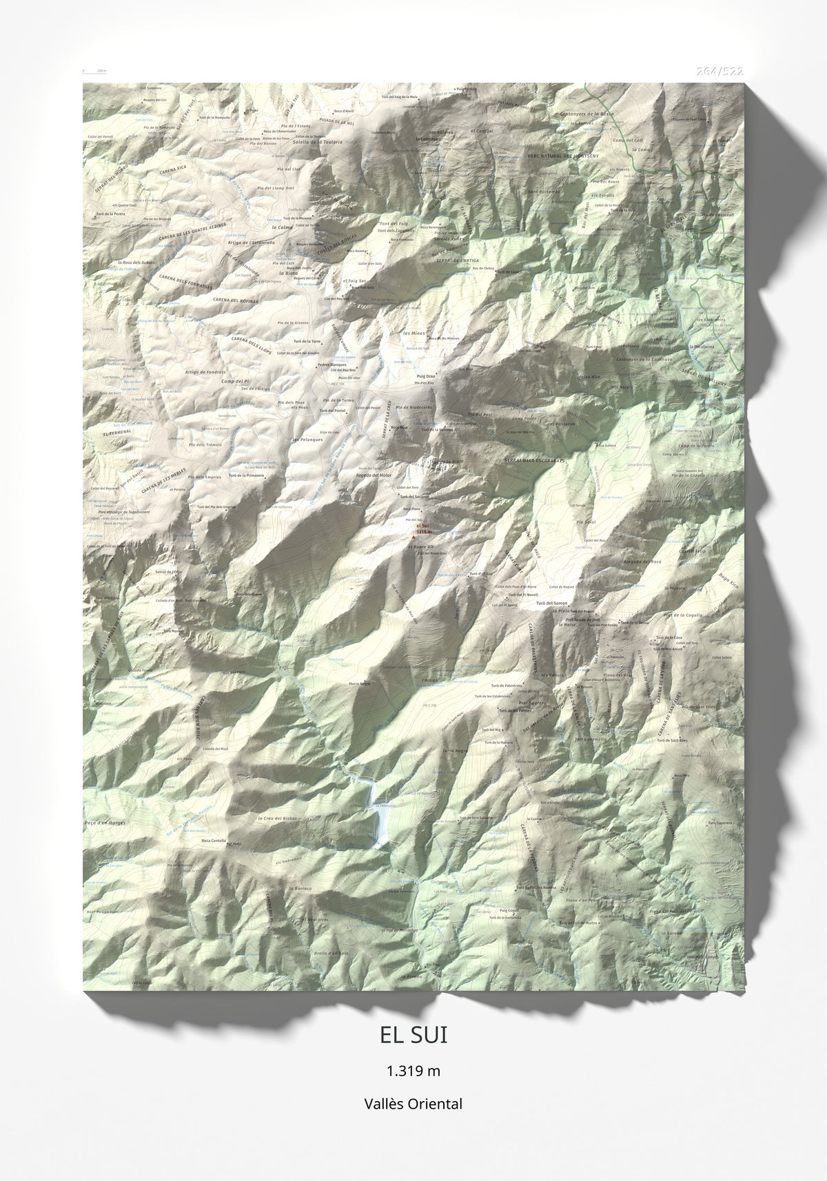 Mapa de relieve del Sui, 1319 m, Vallès Oriental, lámina 100 Cims de Trobart 70 × 100 cm.