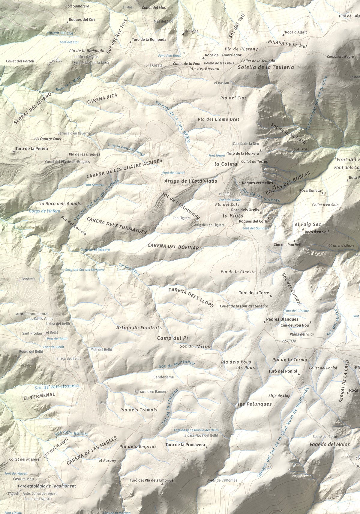 Mapa de relieve del Sui, 1319 m, Vallès Oriental, lámina 100 Cims de Trobart. Detalle de la zona superior izquierda. 70 × 100 cm.