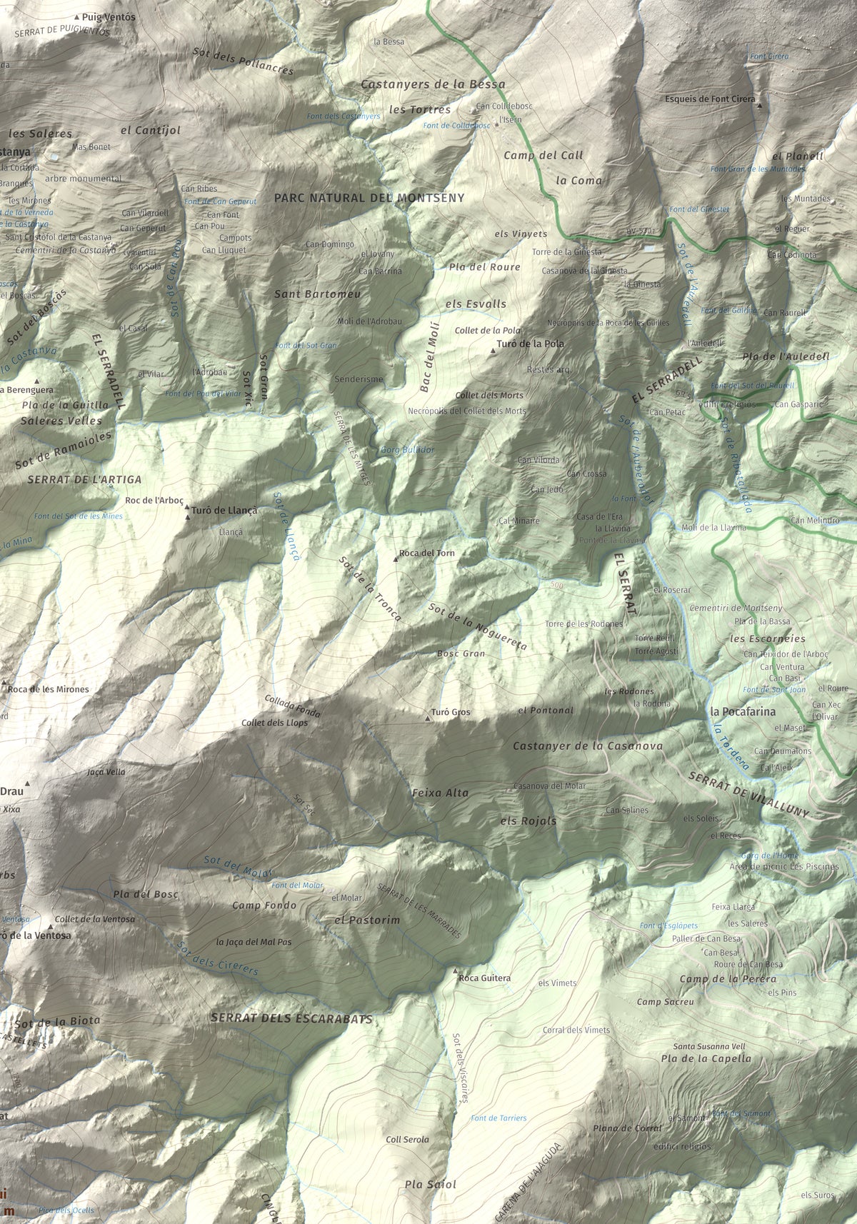 Mapa de relieve del Sui, 1319 m, Vallès Oriental, lámina 100 Cims de Trobart. Detalle de la zona superior derecha. 70 × 100 cm.