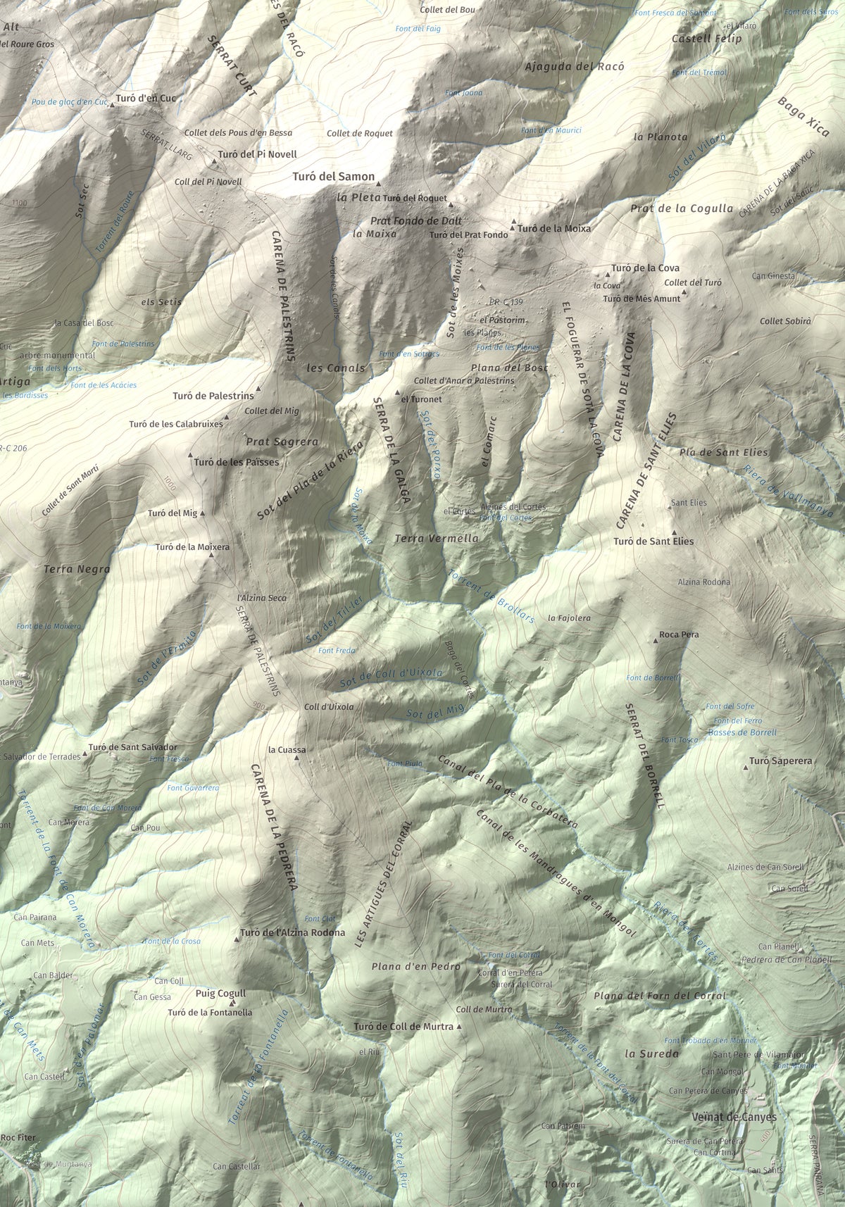 Mapa de relieve del Sui, 1319 m, Vallès Oriental, lámina 100 Cims de Trobart. Detalle de la zona inferior derecha. 70 × 100 cm.