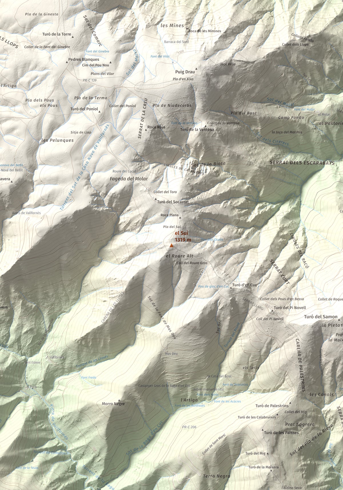 Mapa de relieve del Sui, 1319 m, Vallès Oriental, lámina 100 Cims de Trobart. Detalle de la zona central. 70 × 100 cm.