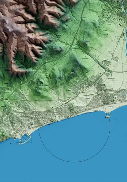 Mapa artístico del relieve del Vendrell, al Baix Penedès, con 15 km de entorno y base topográfica ICGC. Detalle de la zona inferior izquierda.