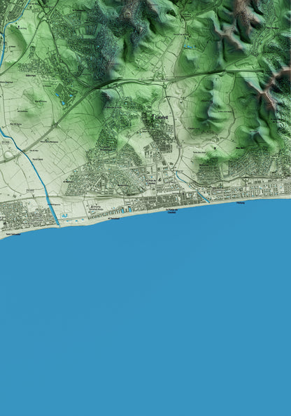 Mapa artístico del relieve del Vendrell, al Baix Penedès, con 15 km de entorno y base topográfica ICGC. Detalle de la zona inferior derecha.