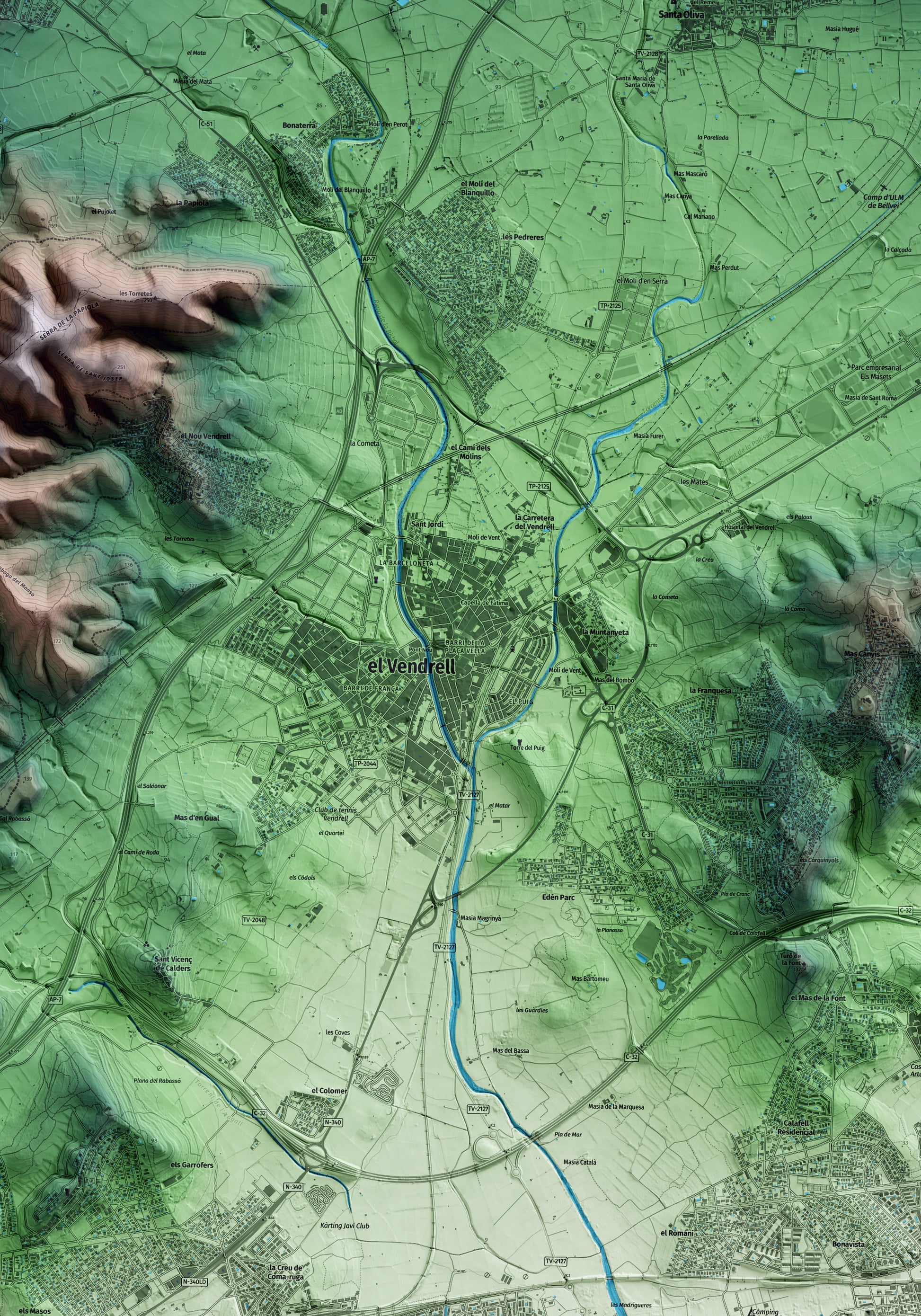 Mapa artístico del relieve del Vendrell, al Baix Penedès, con 15 km de entorno y base topográfica ICGC. Detalle de la zona central.