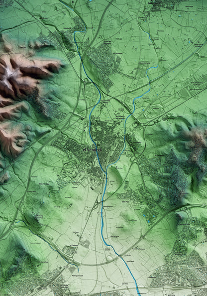 Mapa artístico del relieve del Vendrell, al Baix Penedès, con 15 km de entorno y base topográfica ICGC. Detalle de la zona central.