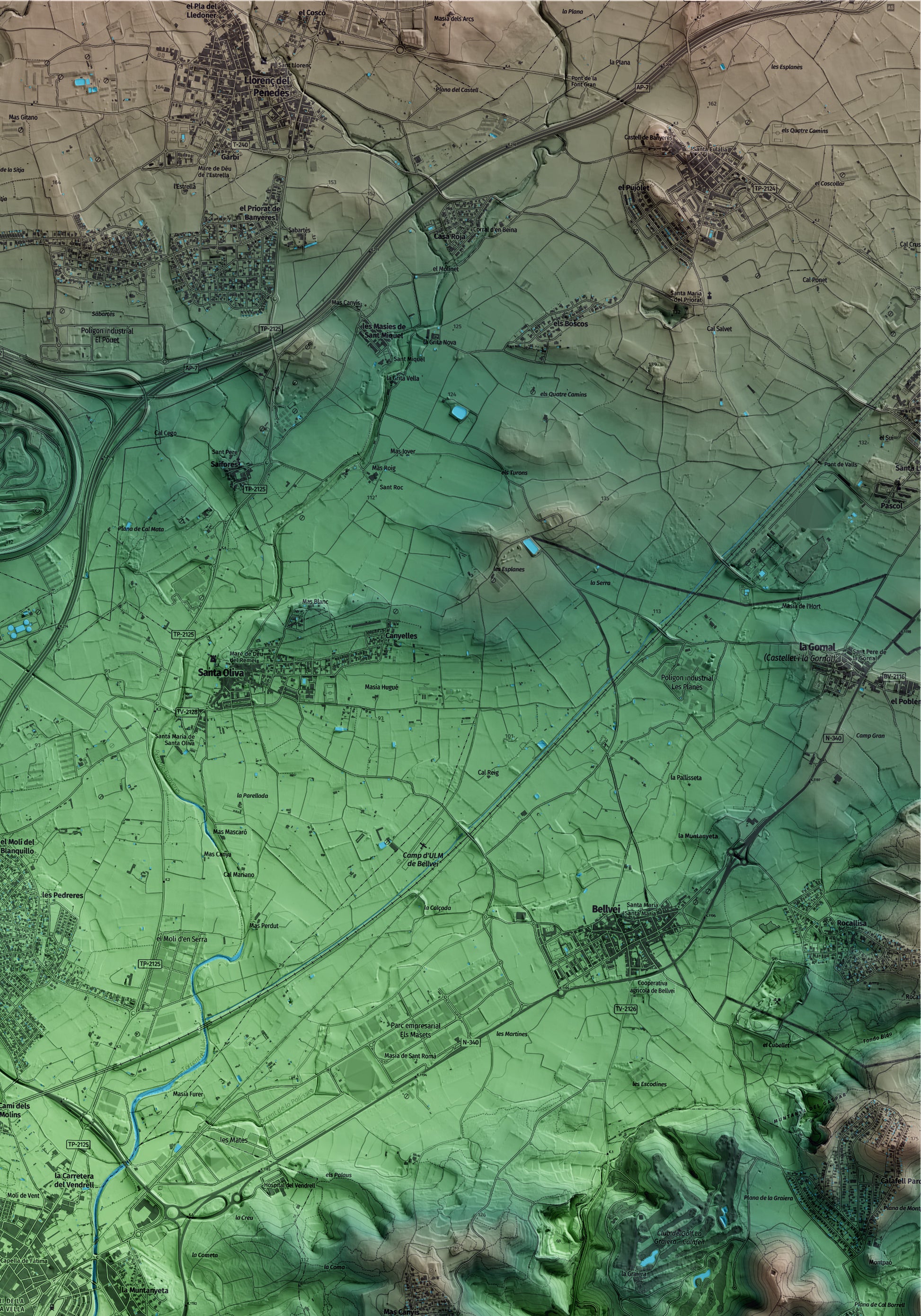 Mapa artístico del relieve del Vendrell, al Baix Penedès, con 15 km de entorno y base topográfica ICGC. Detalle de la zona superior derecha.
