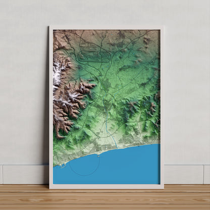 Mapa artístico del relieve del Vendrell, al Baix Penedès, con 15 km de entorno y base topográfica ICGC. Presentación enmarcada.