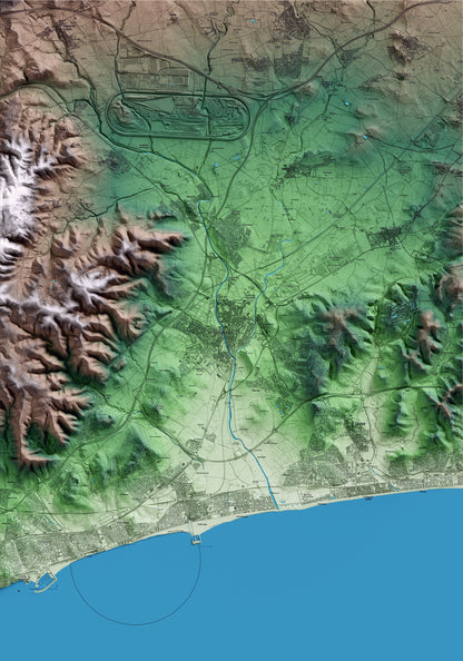Mapa artístico del relieve del Vendrell, al Baix Penedès, con 15 km de entorno y base topográfica ICGC