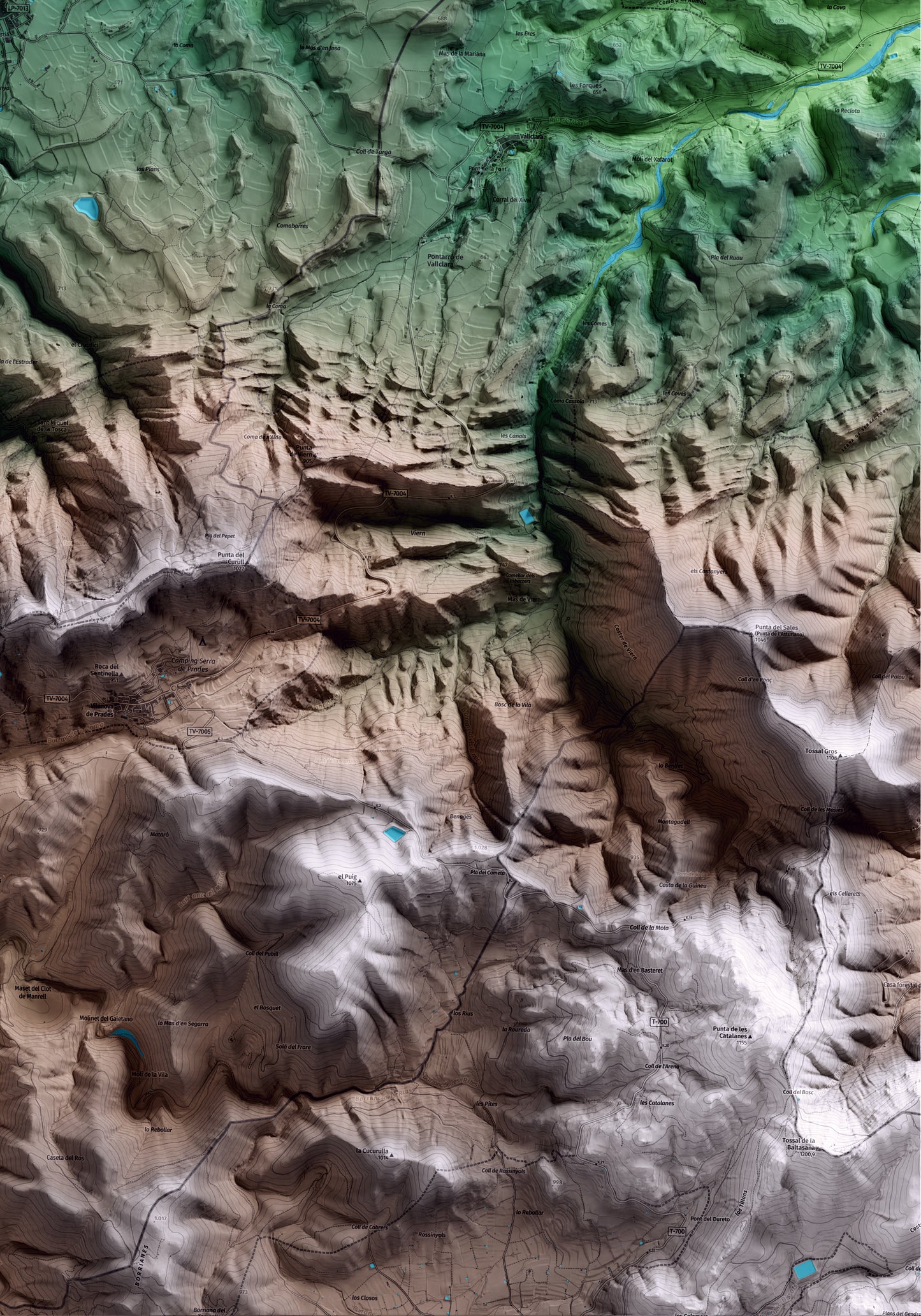 Mapa artístico del relieve del Vilosell, a las Garrigues, con 15 km de entorno y base topográfica ICGC. Detalle de la zona inferior derecha.