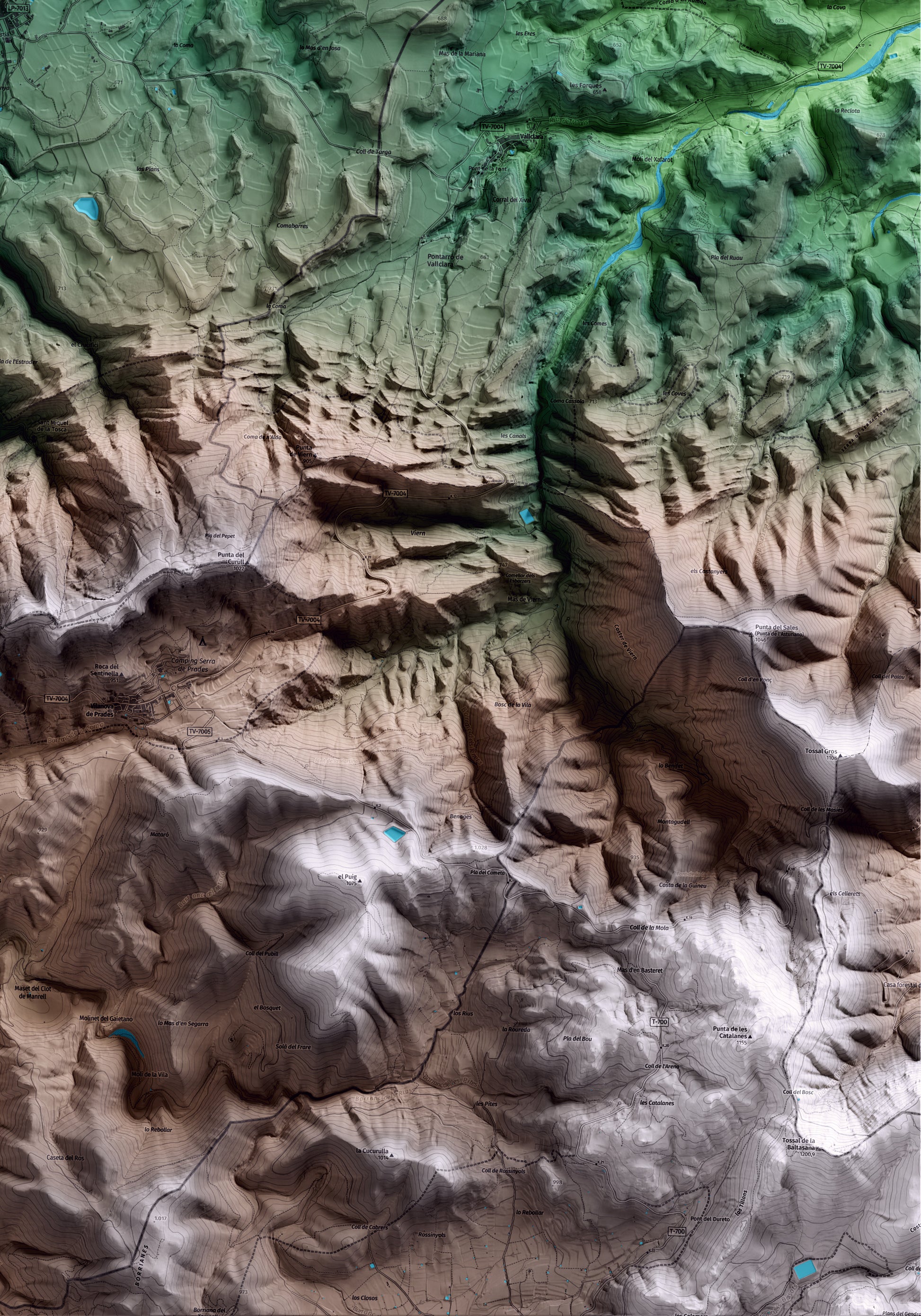 Mapa artístico del relieve del Vilosell, a las Garrigues, con 15 km de entorno y base topográfica ICGC. Detalle de la zona inferior derecha.