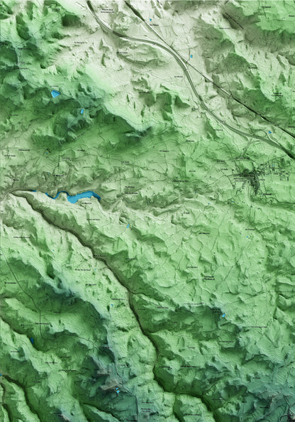 Mapa artístico del relieve del Vilosell, a las Garrigues, con 15 km de entorno y base topográfica ICGC. Detalle de la zona superior izquierda.