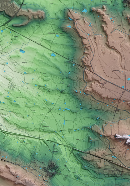 Mapa artístico del relieve dels Alamús, al Segrià, con 15 km de entorno y base topográfica ICGC. Detalle de la zona inferior izquierda.