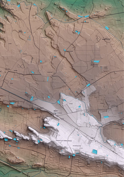 Mapa artístico del relieve dels Alamús, al Segrià, con 15 km de entorno y base topográfica ICGC. Detalle de la zona inferior derecha.