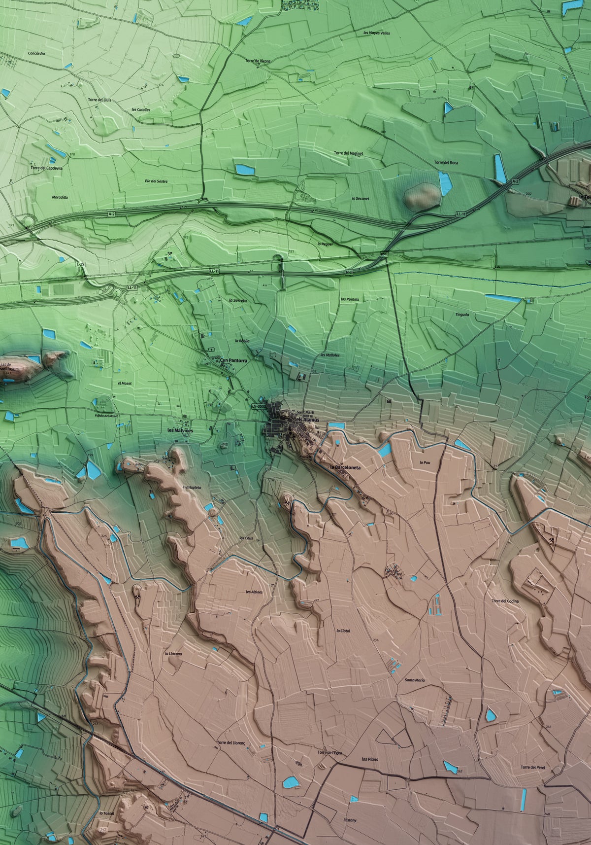 Mapa artístico del relieve dels Alamús, al Segrià, con 15 km de entorno y base topográfica ICGC. Detalle de la zona central.