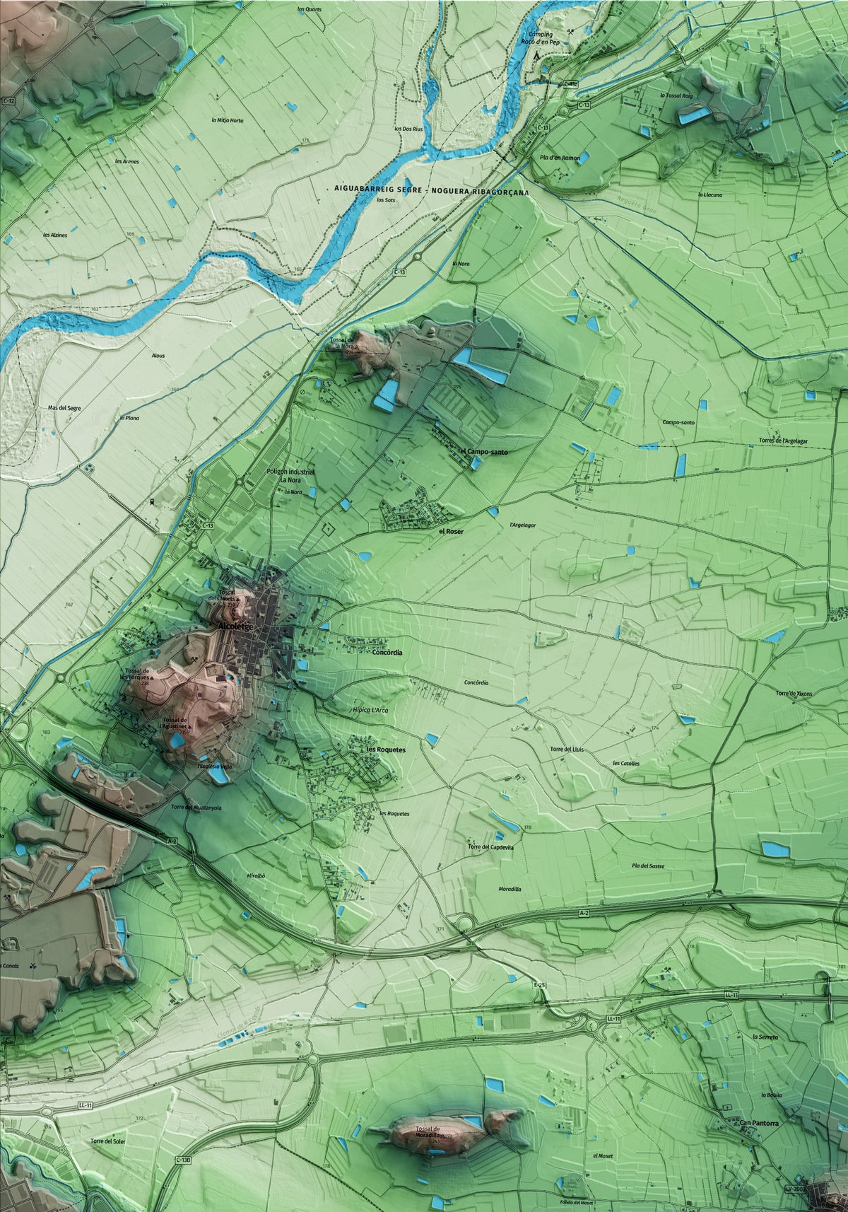 Mapa artístico del relieve dels Alamús, al Segrià, con 15 km de entorno y base topográfica ICGC. Detalle de la zona superior izquierda.