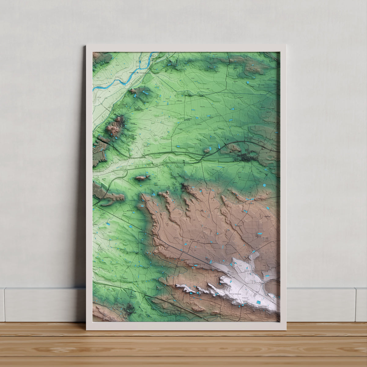 Mapa artístico del relieve dels Alamús, al Segrià, con 15 km de entorno y base topográfica ICGC. Presentación enmarcada.