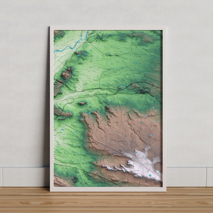 Mapa artístico del relieve dels Alamús, al Segrià, con 15 km de entorno y base topográfica ICGC. Presentación enmarcada.