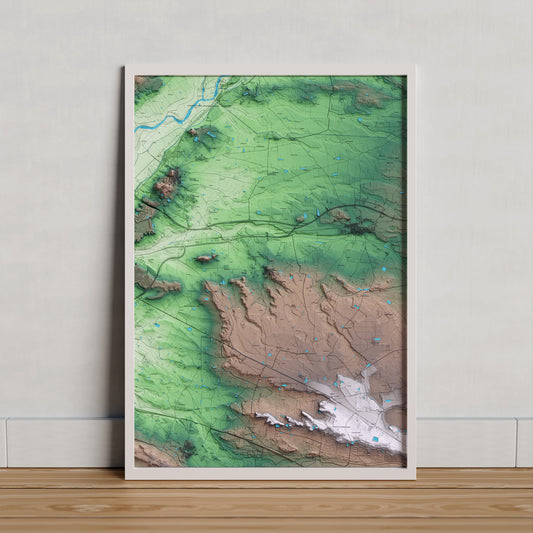 Mapa artístico del relieve dels Alamús, al Segrià, con 15 km de entorno y base topográfica ICGC. Presentación enmarcada.