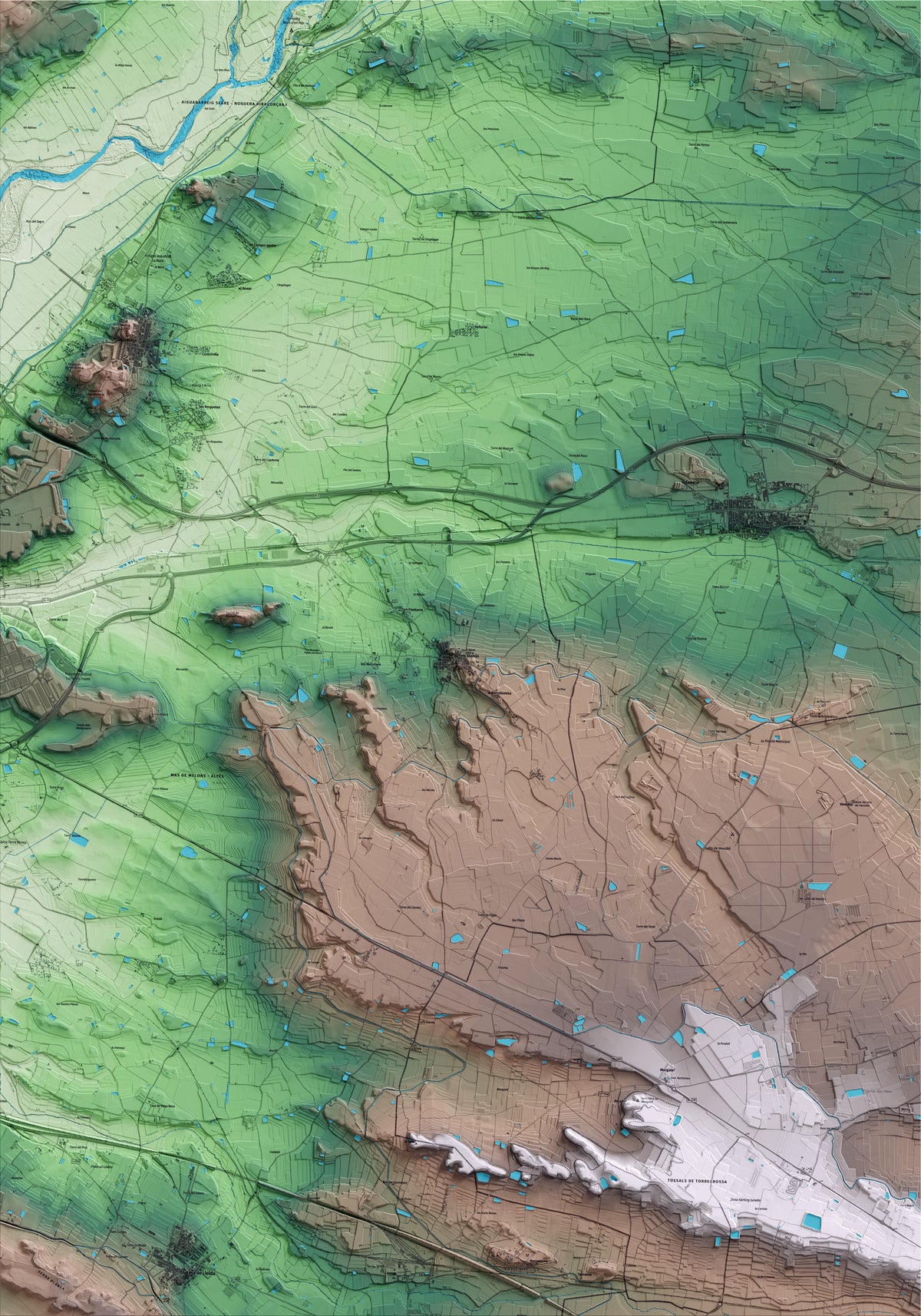 Mapa artístico del relieve dels Alamús, al Segrià, con 15 km de entorno y base topográfica ICGC
