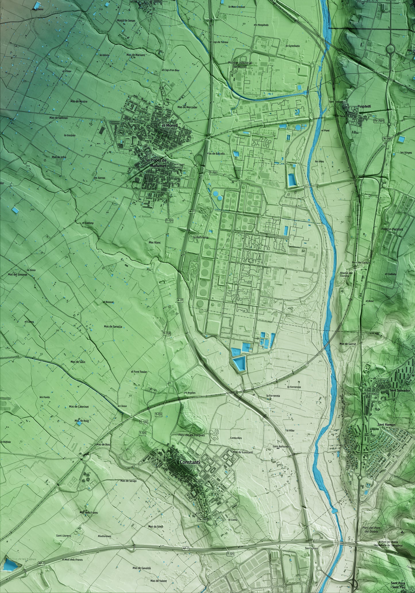 Mapa artístico del relieve dels Garidells, al Alt Camp, con 15 km de entorno y base topográfica ICGC. Detalle de la zona inferior izquierda.
