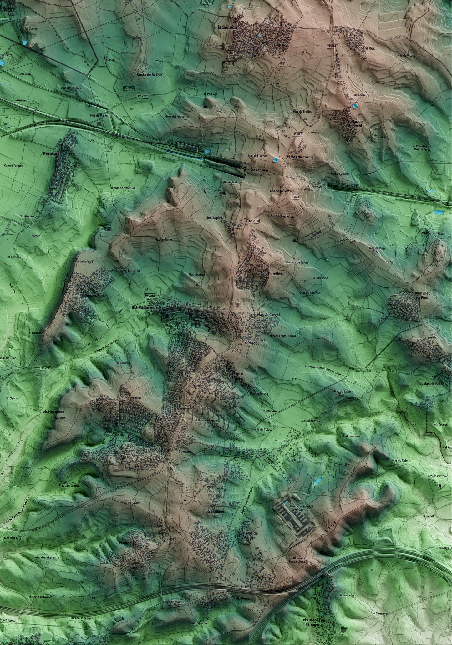 Mapa artístico del relieve dels Garidells, al Alt Camp, con 15 km de entorno y base topográfica ICGC. Detalle de la zona inferior derecha.