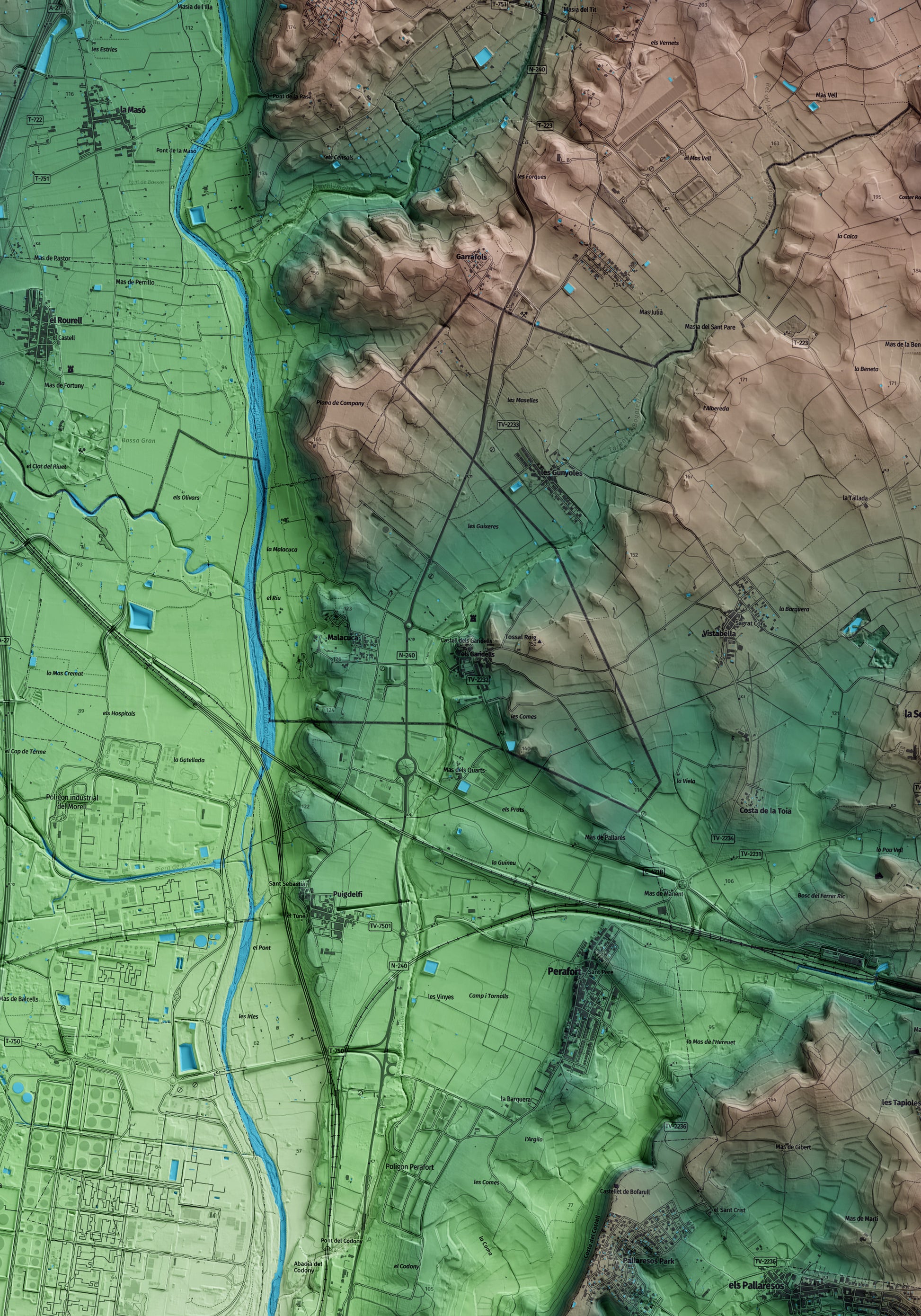 Mapa artístico del relieve dels Garidells, al Alt Camp, con 15 km de entorno y base topográfica ICGC. Detalle de la zona central.