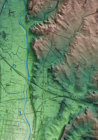 Mapa artístico del relieve dels Garidells, al Alt Camp, con 15 km de entorno y base topográfica ICGC. Detalle de la zona central.