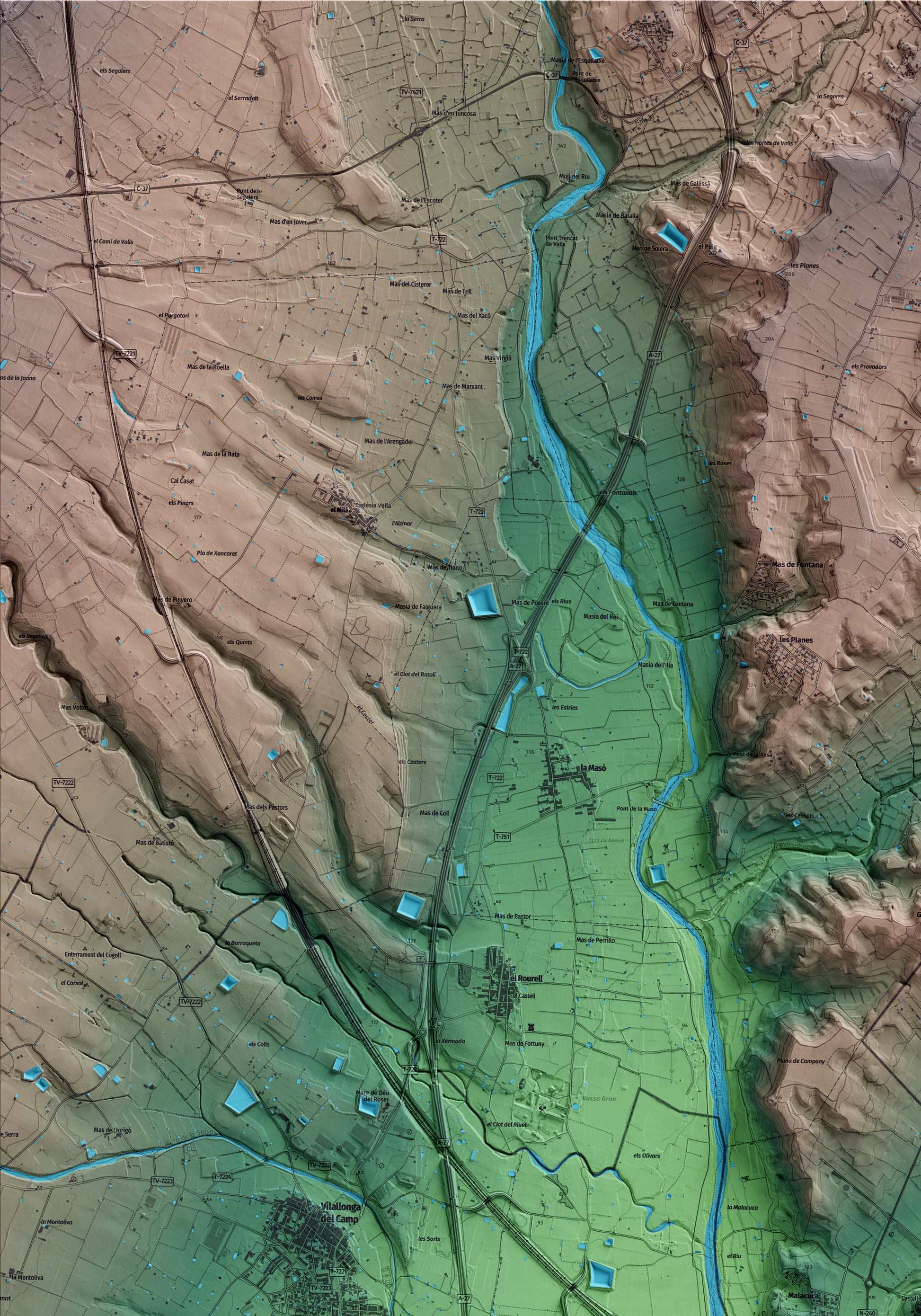 Mapa artístico del relieve dels Garidells, al Alt Camp, con 15 km de entorno y base topográfica ICGC. Detalle de la zona superior izquierda.