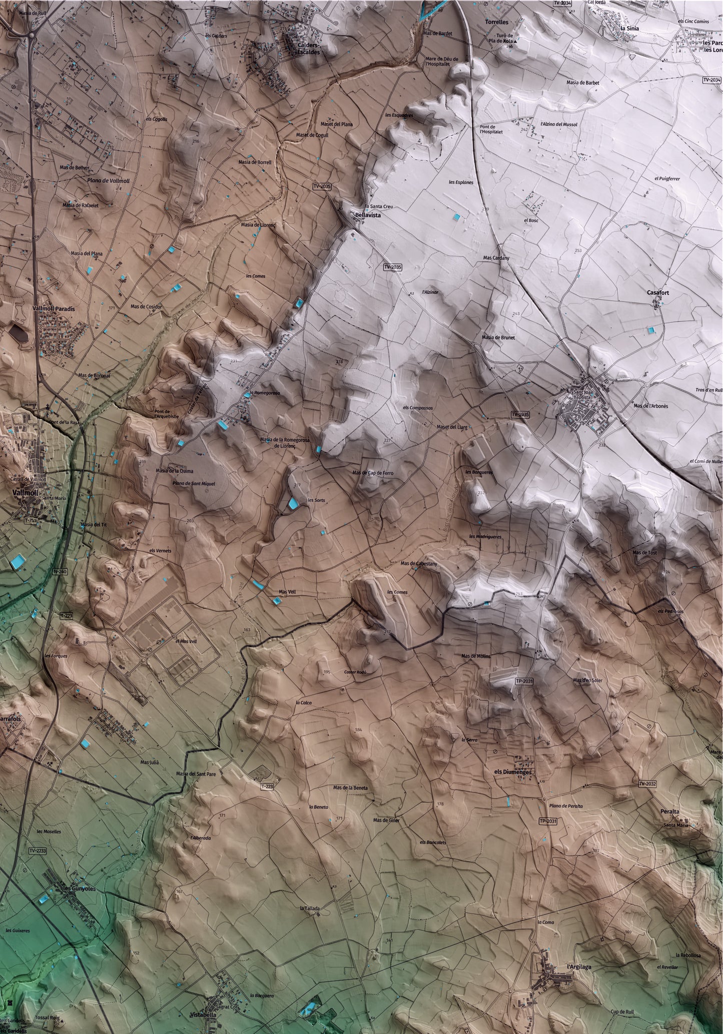 Mapa artístico del relieve dels Garidells, al Alt Camp, con 15 km de entorno y base topográfica ICGC. Detalle de la zona superior derecha.