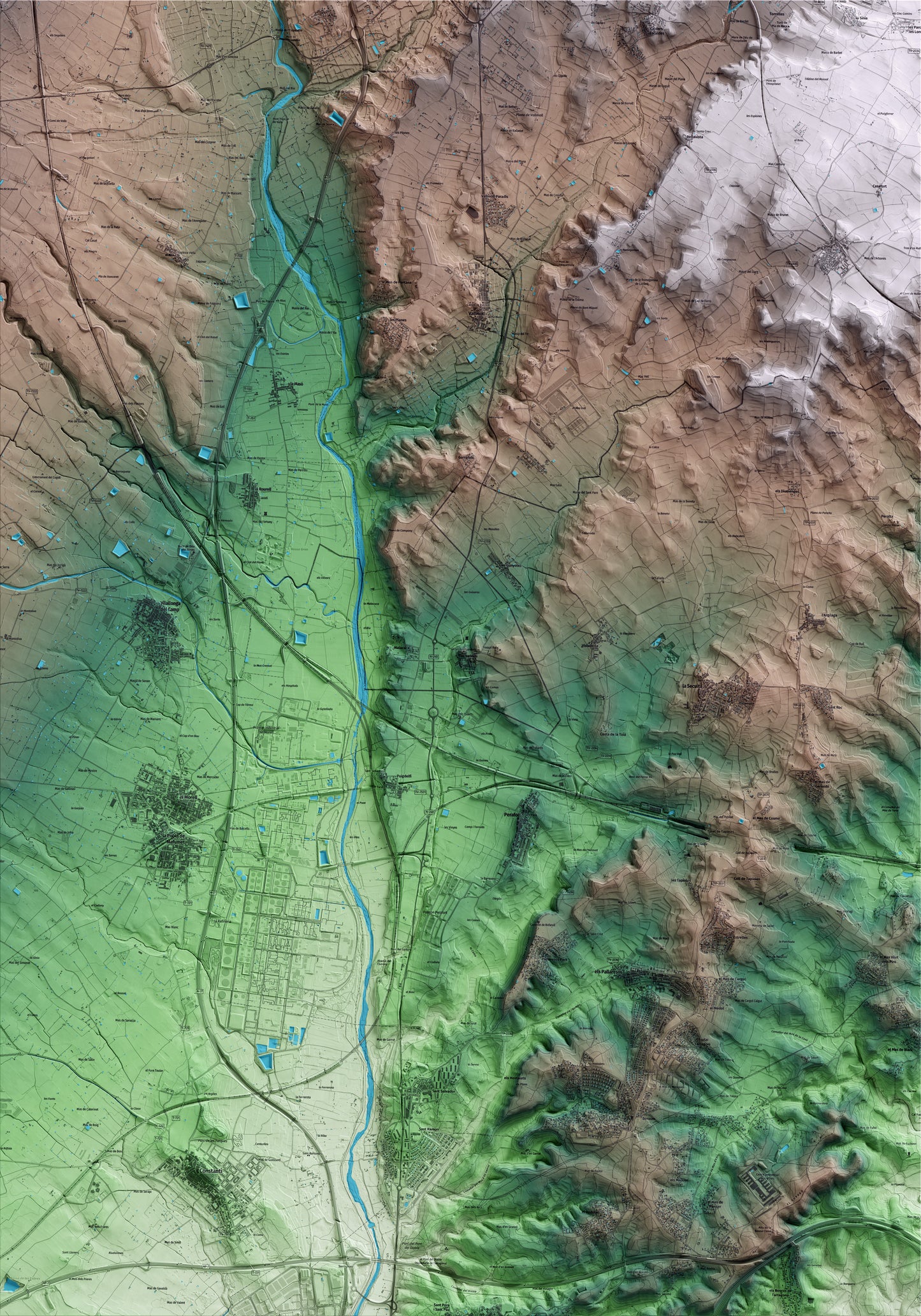 Mapa artístico del relieve dels Garidells, al Alt Camp, con 15 km de entorno y base topográfica ICGC