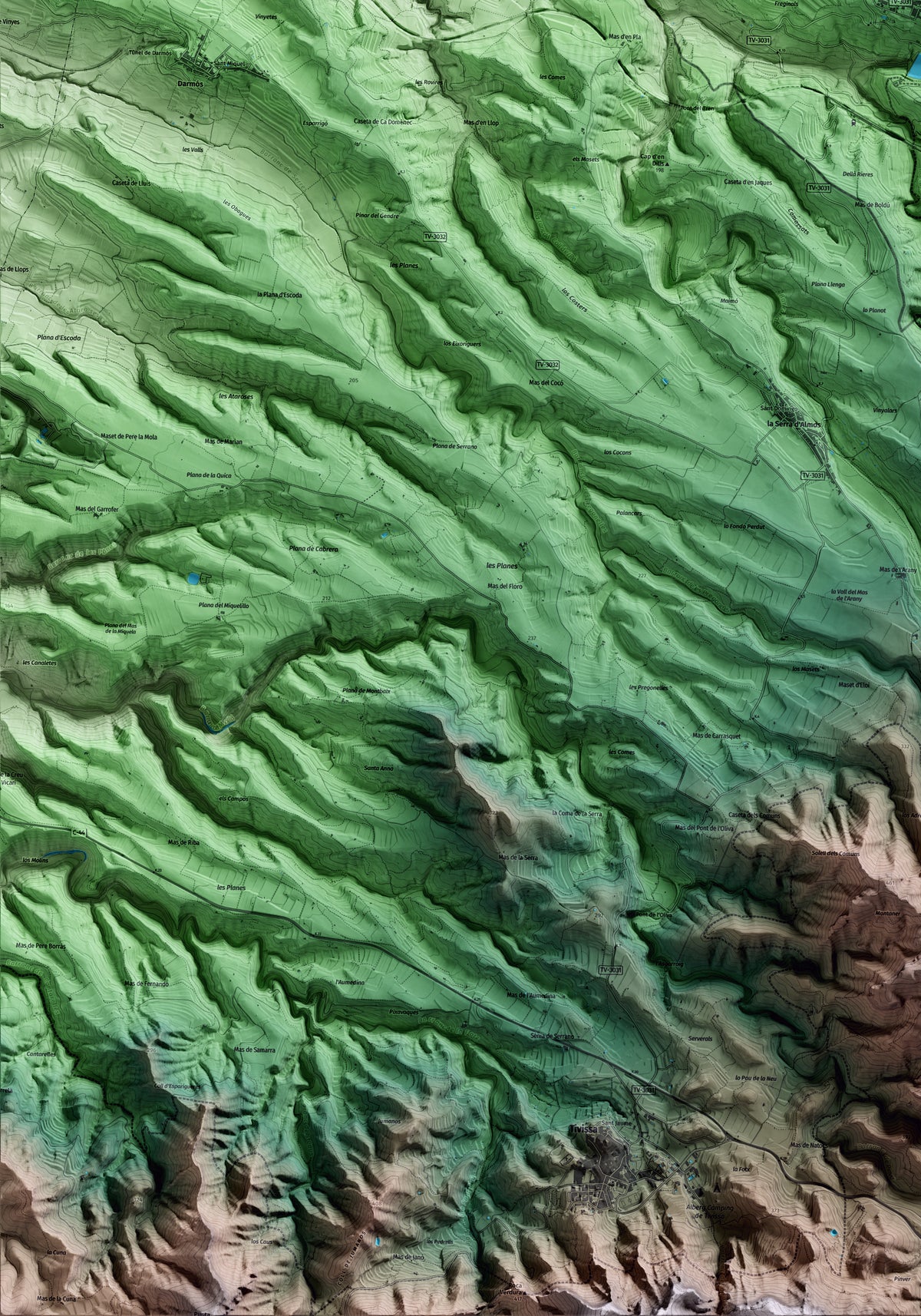 Mapa artístico del relieve dels Guiamets, al Priorat, con 15 km de entorno y base topográfica ICGC. Detalle de la zona inferior izquierda.