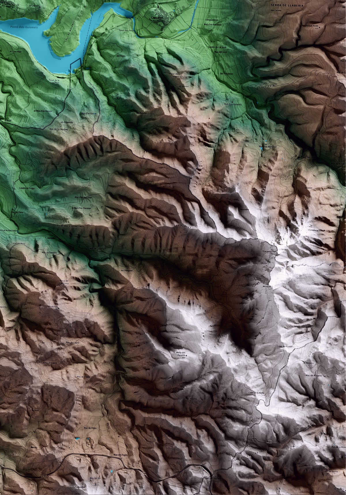 Mapa artístico del relieve dels Guiamets, al Priorat, con 15 km de entorno y base topográfica ICGC. Detalle de la zona inferior derecha.