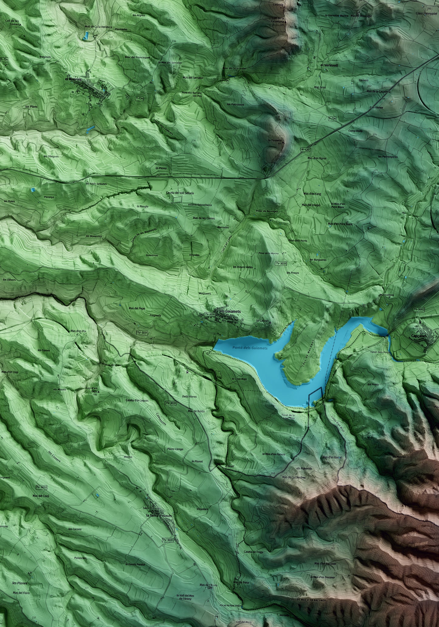 Mapa artístico del relieve dels Guiamets, al Priorat, con 15 km de entorno y base topográfica ICGC. Detalle de la zona central.