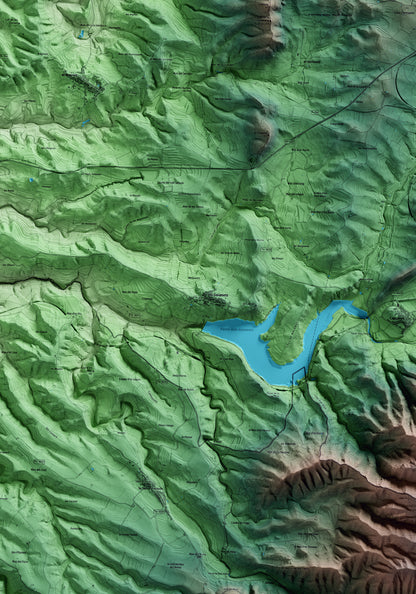 Mapa artístico del relieve dels Guiamets, al Priorat, con 15 km de entorno y base topográfica ICGC. Detalle de la zona central.
