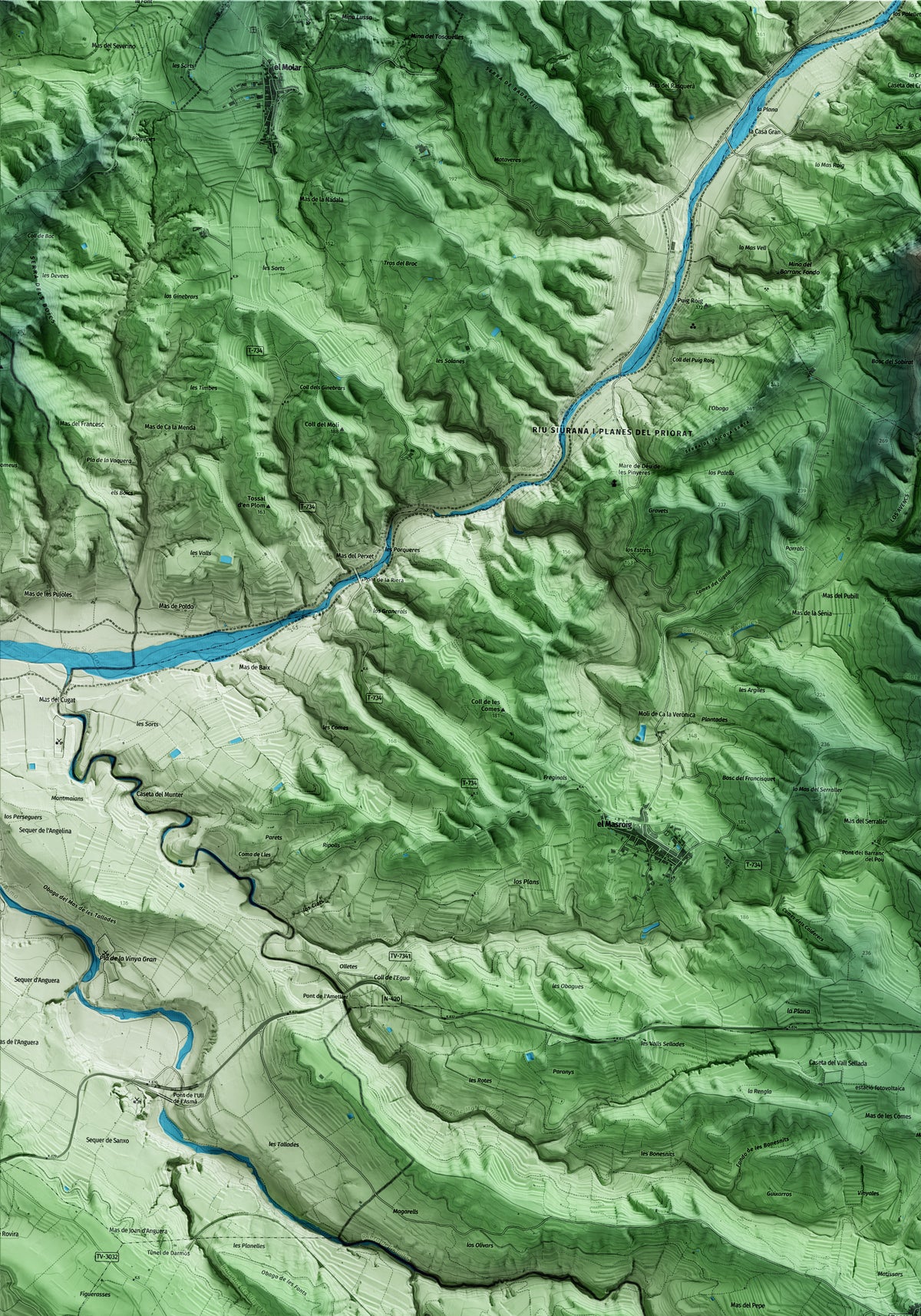 Mapa artístico del relieve dels Guiamets, al Priorat, con 15 km de entorno y base topográfica ICGC. Detalle de la zona superior izquierda.