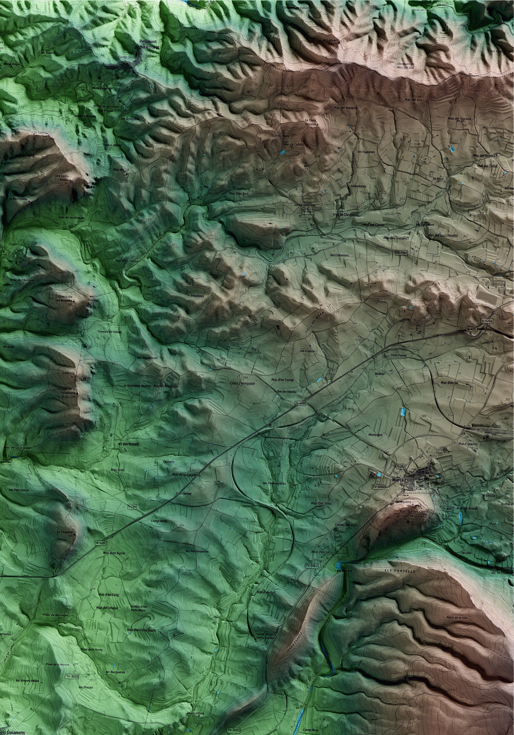 Mapa artístico del relieve dels Guiamets, al Priorat, con 15 km de entorno y base topográfica ICGC. Detalle de la zona superior derecha.