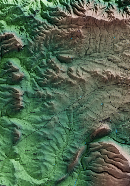 Mapa artístico del relieve dels Guiamets, al Priorat, con 15 km de entorno y base topográfica ICGC. Detalle de la zona superior derecha.
