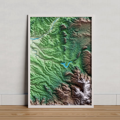 Mapa artístico del relieve dels Guiamets, al Priorat, con 15 km de entorno y base topográfica ICGC. Presentación enmarcada.